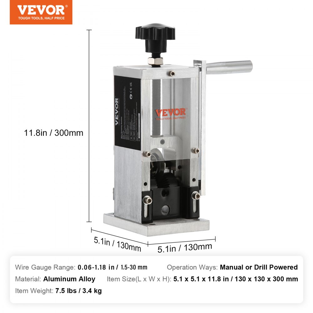 VEVOR Manual Wire Stripping Machine, 1.5 mm-30 mm Copper Stripper with Hand Crank or Drill Powered, Visible Stripping Depth Reference, Portable Aluminum Frame Wire Peeler for Scrap Copper Recycling