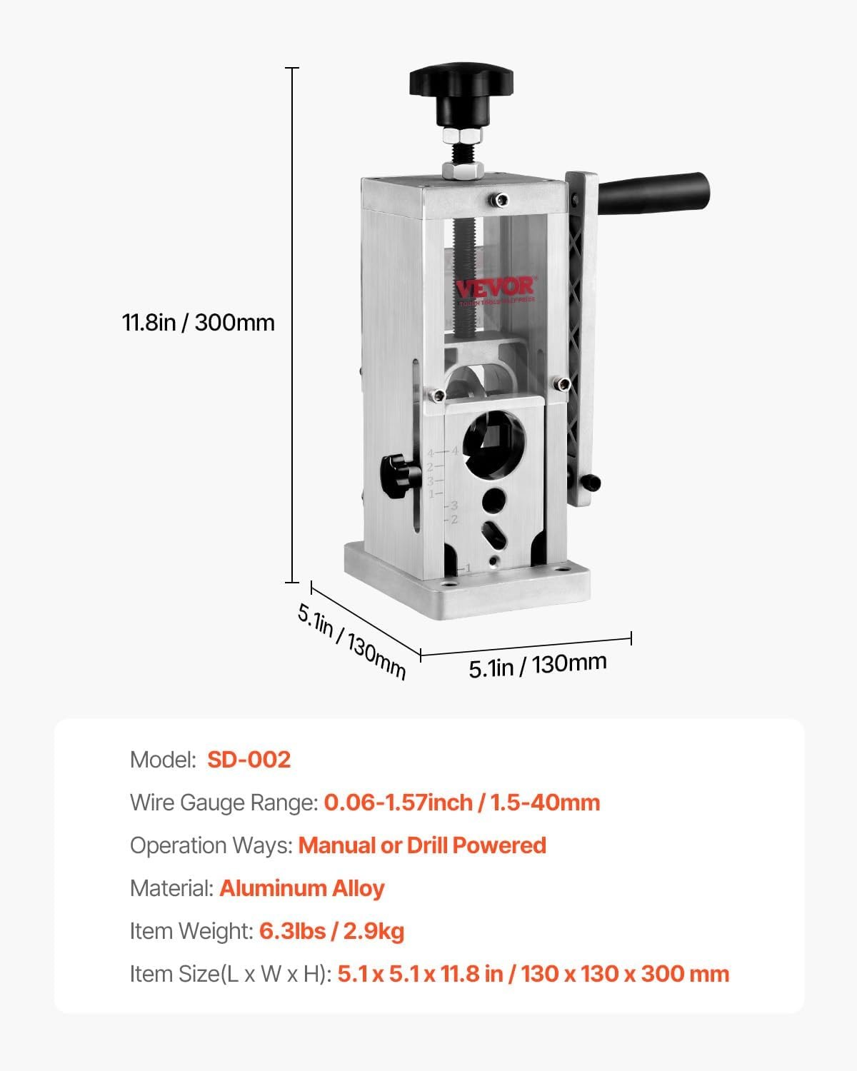 VEVOR Manual Wire Stripping Machine, 1.5mm-40mm Copper Stripper with Hand Crank or Drill Powered, Visible Stripping Depth Reference, Portable Aluminum Frame Wire Peeler for Scrap Copper Recycling