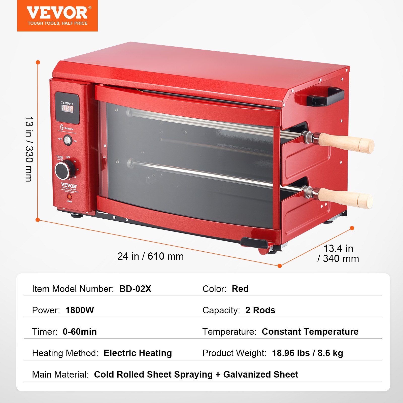 VEVOR Shawarma Grill Machine, 2 Strings of Barbecue Capacity, Chicken Shawarma Cooker Machine, Electric Broiler Gyro Rotisserie Oven Doner Kebab Machine, for Home Restaurant Kitchen Parties