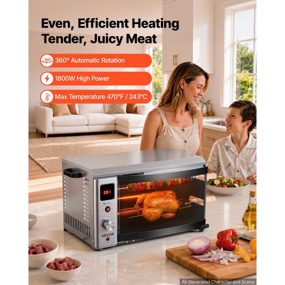 VEVOR Countertop Vertical Oven Brazilian Flame 2 Auto Rotating Skewers, for Steak, Fish, Lamb Leg, 1800W Rotisserie Shawarma Machine, Electric Meat Kebab Grill, with Curved Glass Door, Drip Tray
