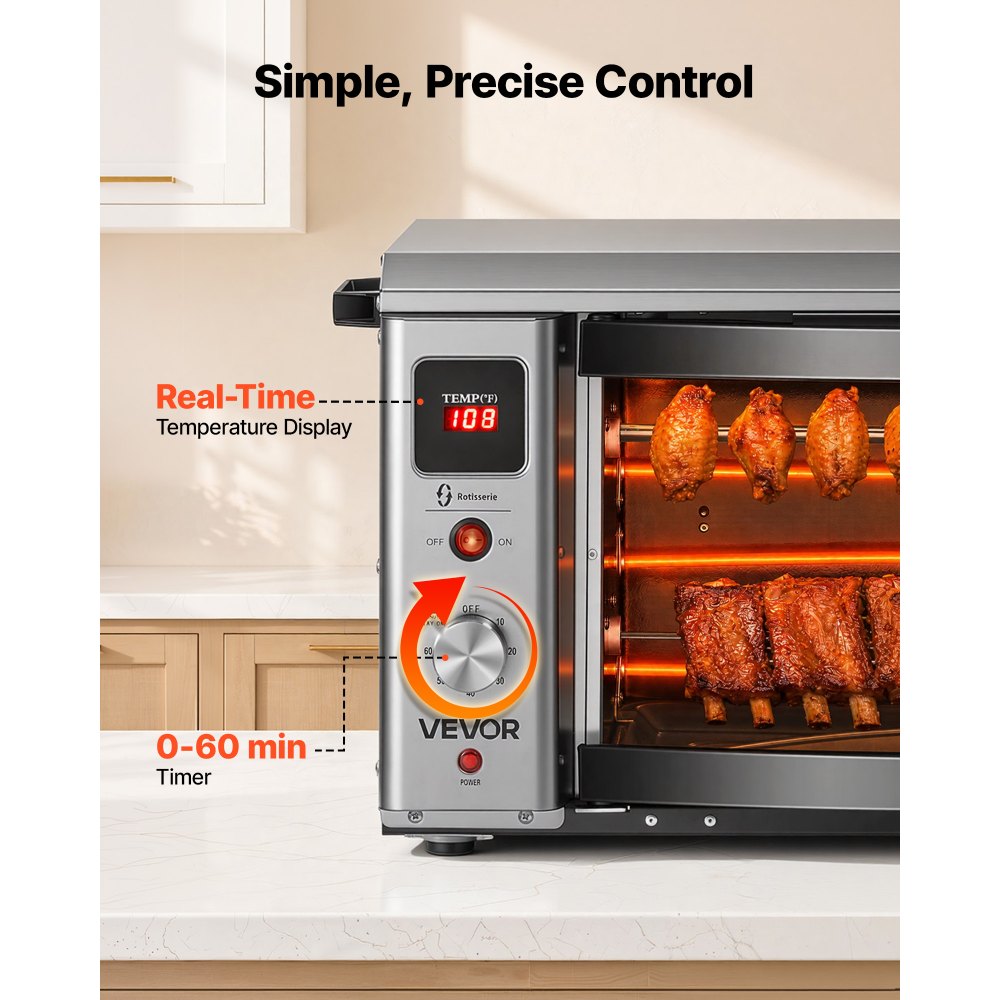 VEVOR Countertop Vertical Oven Brazilian Flame 2 Auto Rotating Skewers, for Steak, Fish, Lamb Leg, 1800W Rotisserie Shawarma Machine, Electric Meat Kebab Grill, with Curved Glass Door, Drip Tray