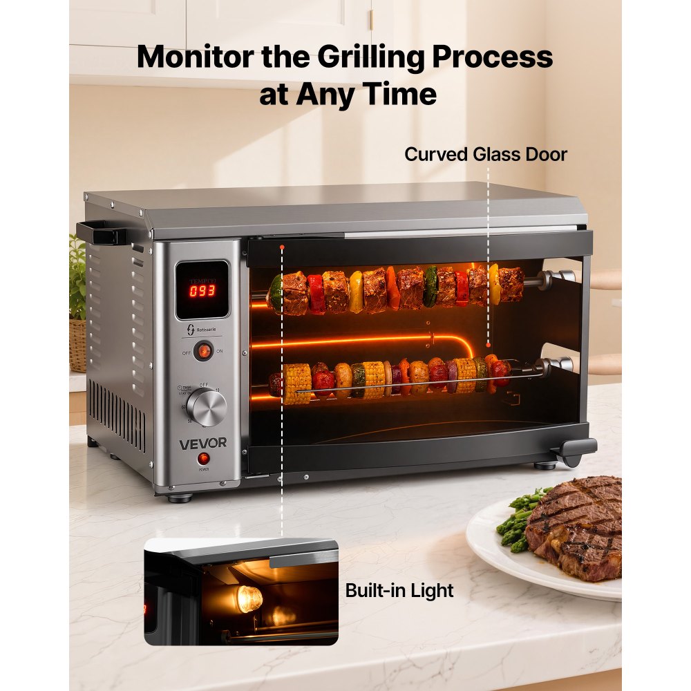 VEVOR Countertop Vertical Oven Brazilian Flame 2 Auto Rotating Skewers, for Steak, Fish, Lamb Leg, 1800W Rotisserie Shawarma Machine, Electric Meat Kebab Grill, with Curved Glass Door, Drip Tray