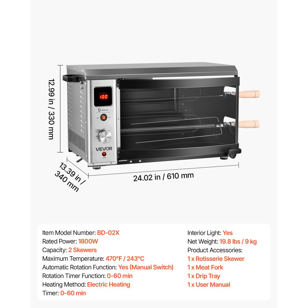 VEVOR Countertop Vertical Oven Brazilian Flame 2 Auto Rotating Skewers, for Steak, Fish, Lamb Leg, 1800W Rotisserie Shawarma Machine, Electric Meat Kebab Grill, with Curved Glass Door, Drip Tray