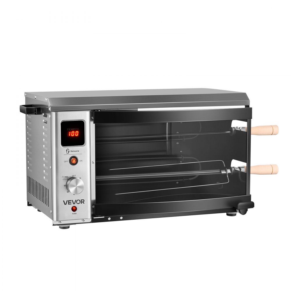VEVOR Countertop Vertical Oven Brazilian Flame 2 Auto Rotating Skewers, for Steak, Fish, Lamb Leg, 1800W Rotisserie Shawarma Machine, Electric Meat Kebab Grill, with Curved Glass Door, Drip Tray