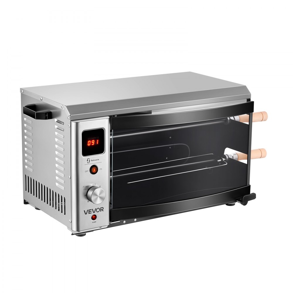 VEVOR Countertop Vertical Oven Brazilian Flame 2 Auto Rotating Skewers, for Steak, Fish, Lamb Leg, 1800W Rotisserie Shawarma Machine, Electric Meat Kebab Grill, with Curved Glass Door, Drip Tray