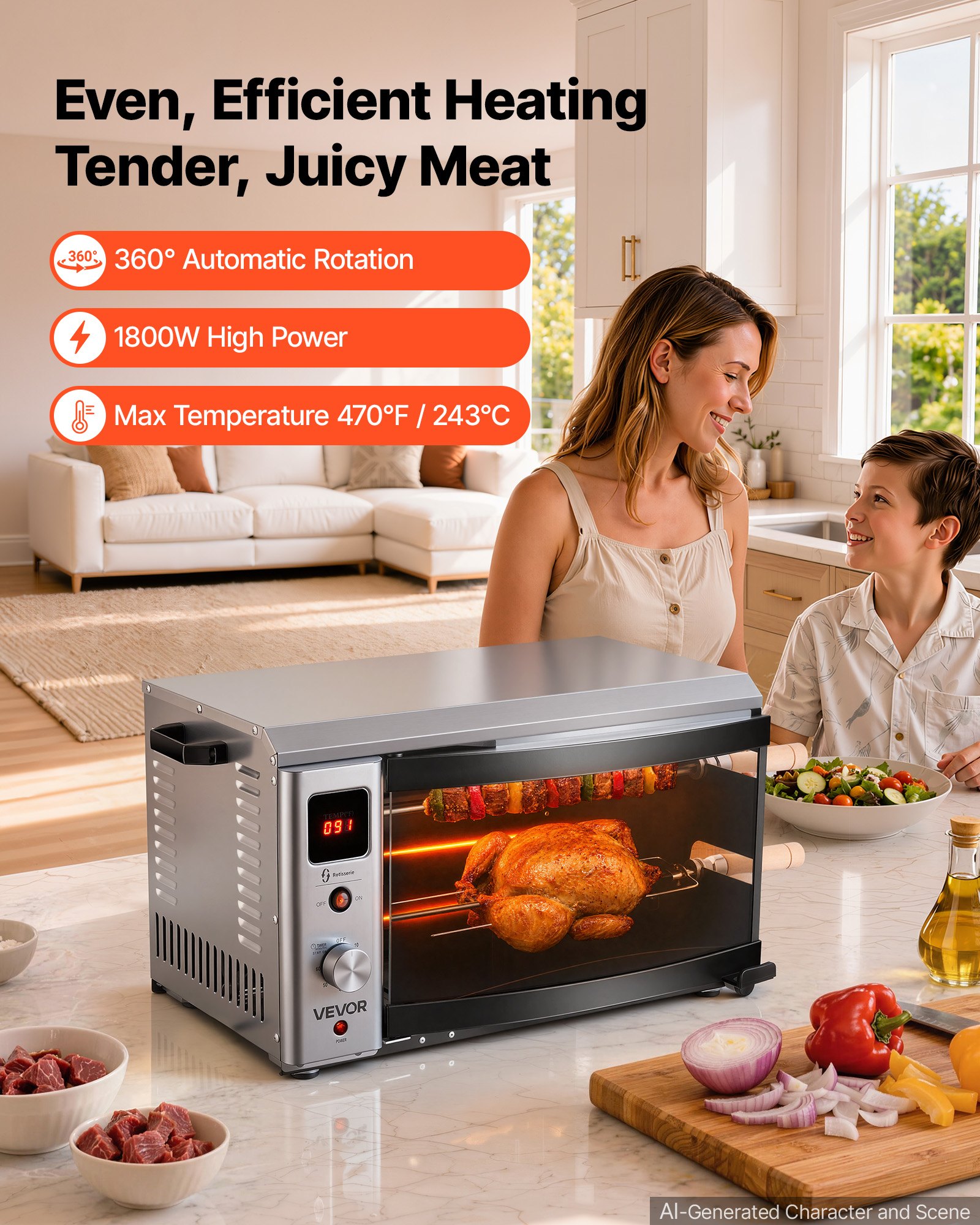 VEVOR Countertop Vertical Oven Brazilian Flame 2 Auto Rotating Skewers, for Steak, Fish, Lamb Leg, 1800W Rotisserie Shawarma Machine, Electric Meat Kebab Grill, with Curved Glass Door, Drip Tray