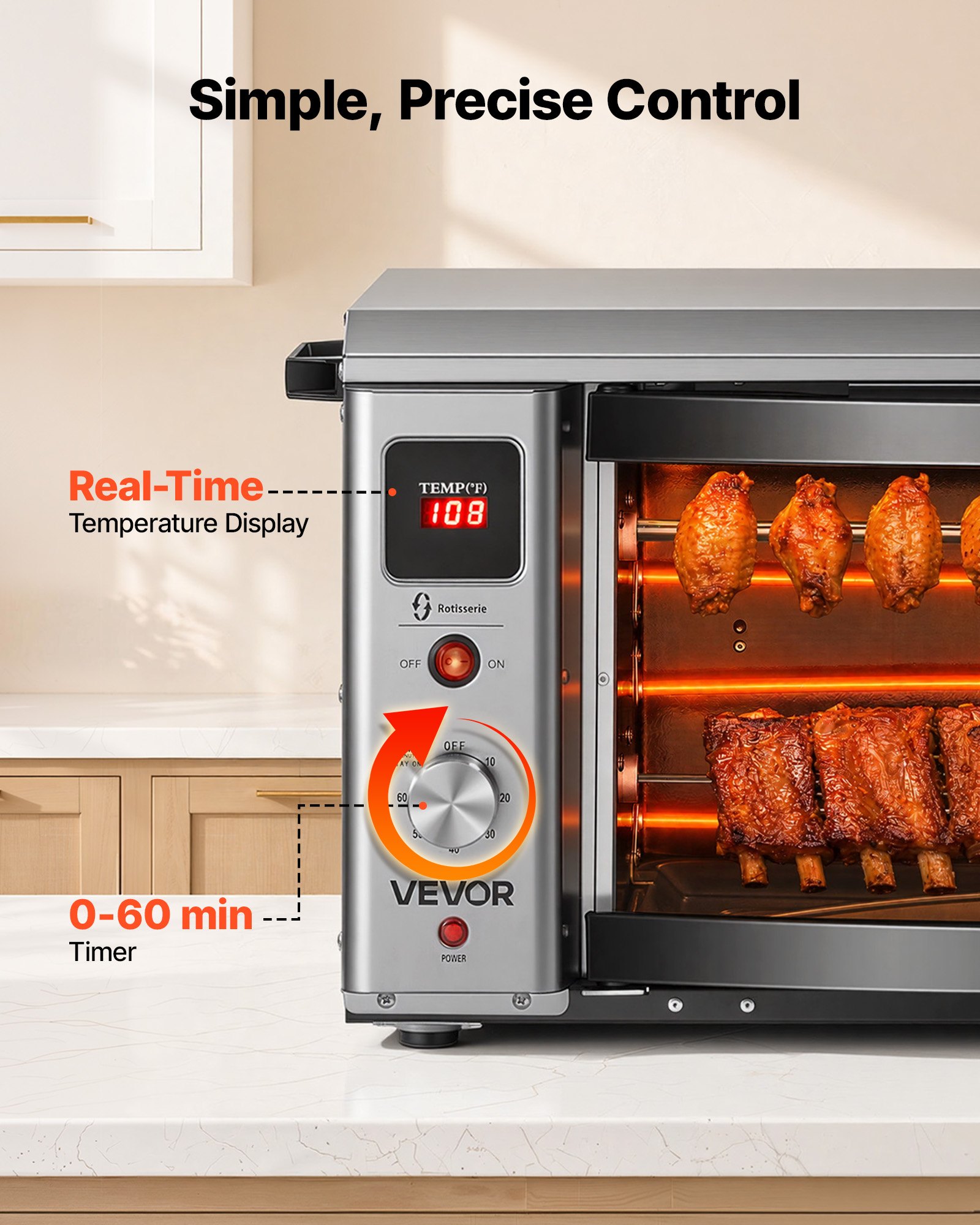 VEVOR Countertop Vertical Oven Brazilian Flame 2 Auto Rotating Skewers, for Steak, Fish, Lamb Leg, 1800W Rotisserie Shawarma Machine, Electric Meat Kebab Grill, with Curved Glass Door, Drip Tray
