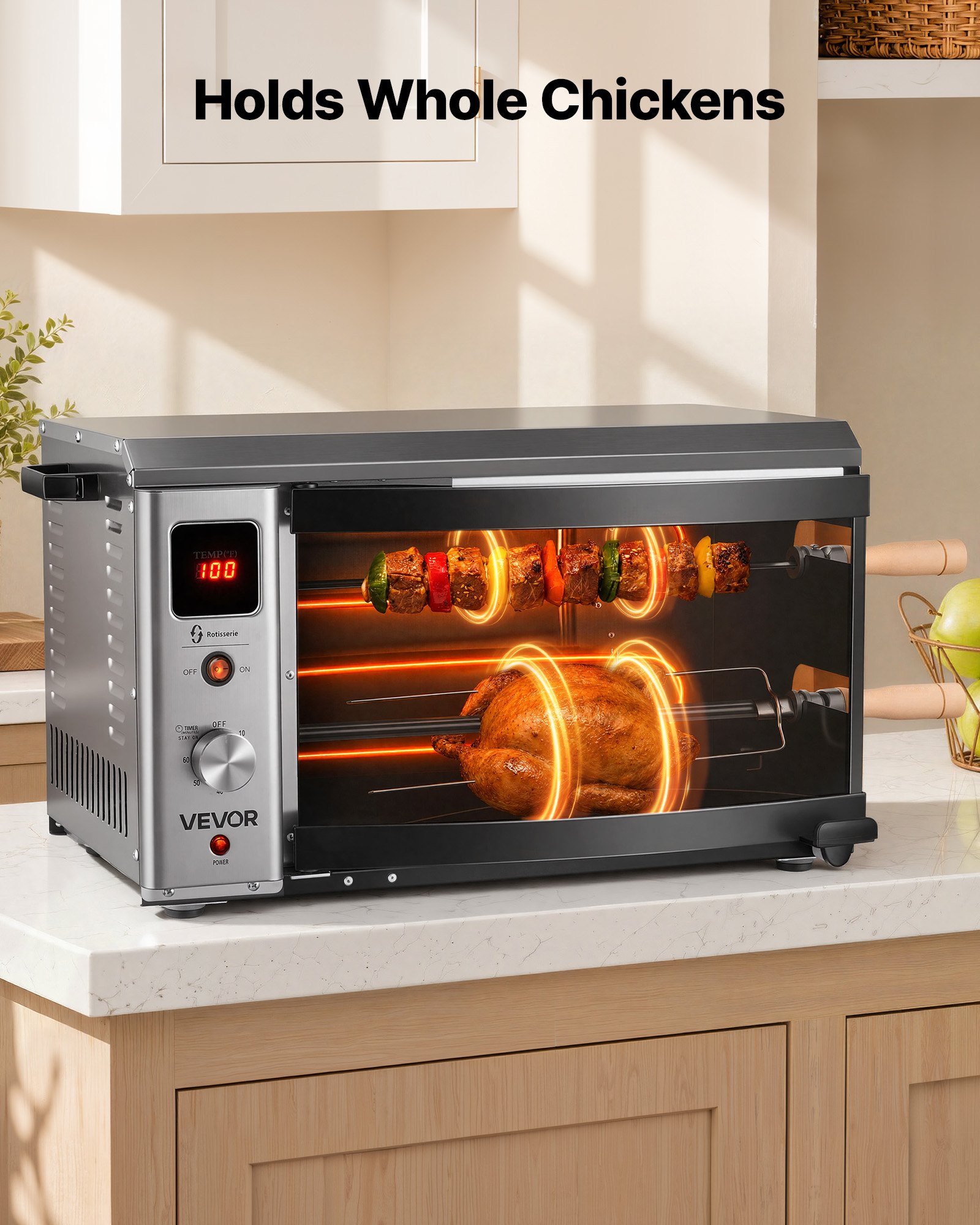 VEVOR Countertop Vertical Oven Brazilian Flame 2 Auto Rotating Skewers, for Steak, Fish, Lamb Leg, 1800W Rotisserie Shawarma Machine, Electric Meat Kebab Grill, with Curved Glass Door, Drip Tray