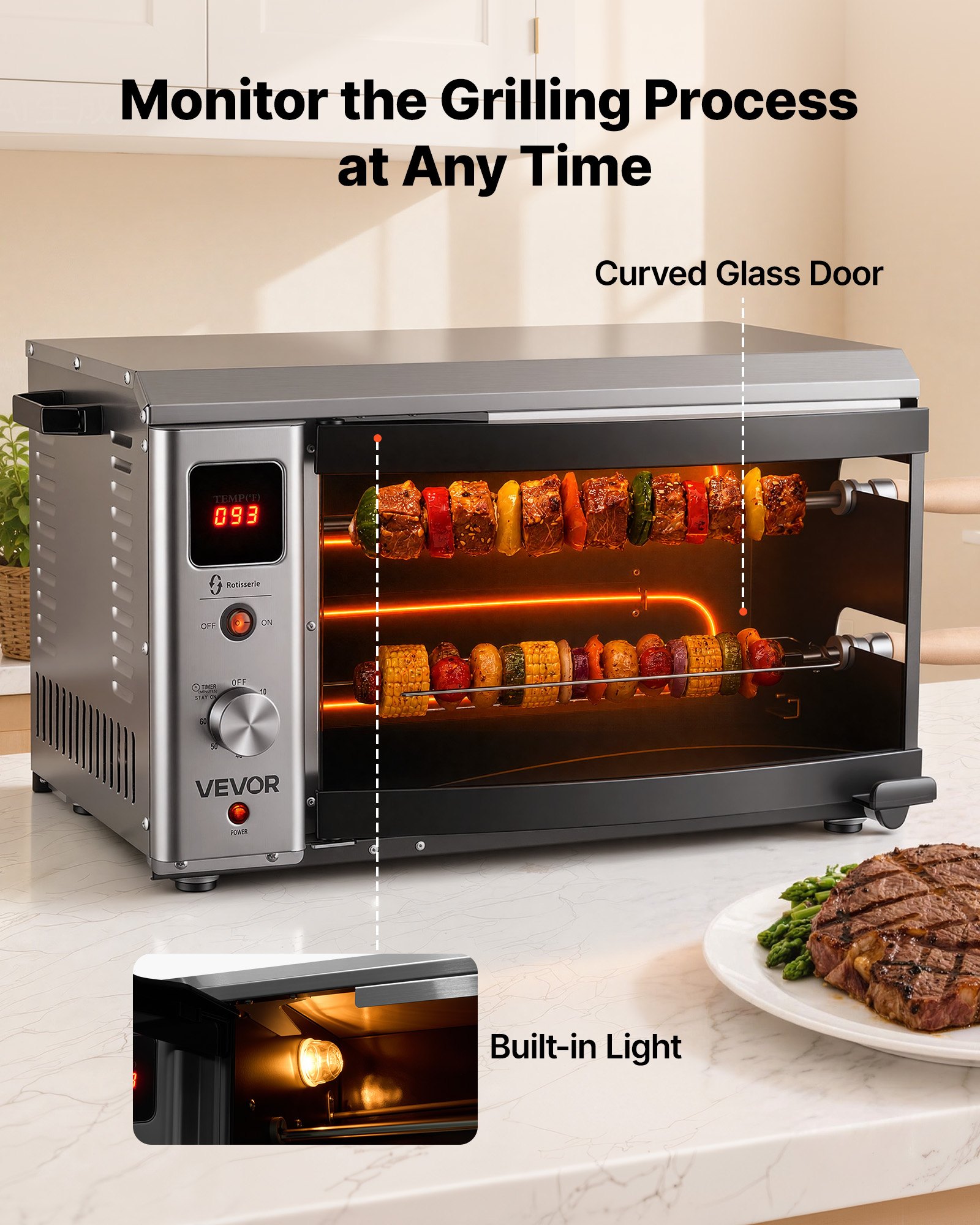 VEVOR Countertop Vertical Oven Brazilian Flame 2 Auto Rotating Skewers, for Steak, Fish, Lamb Leg, 1800W Rotisserie Shawarma Machine, Electric Meat Kebab Grill, with Curved Glass Door, Drip Tray