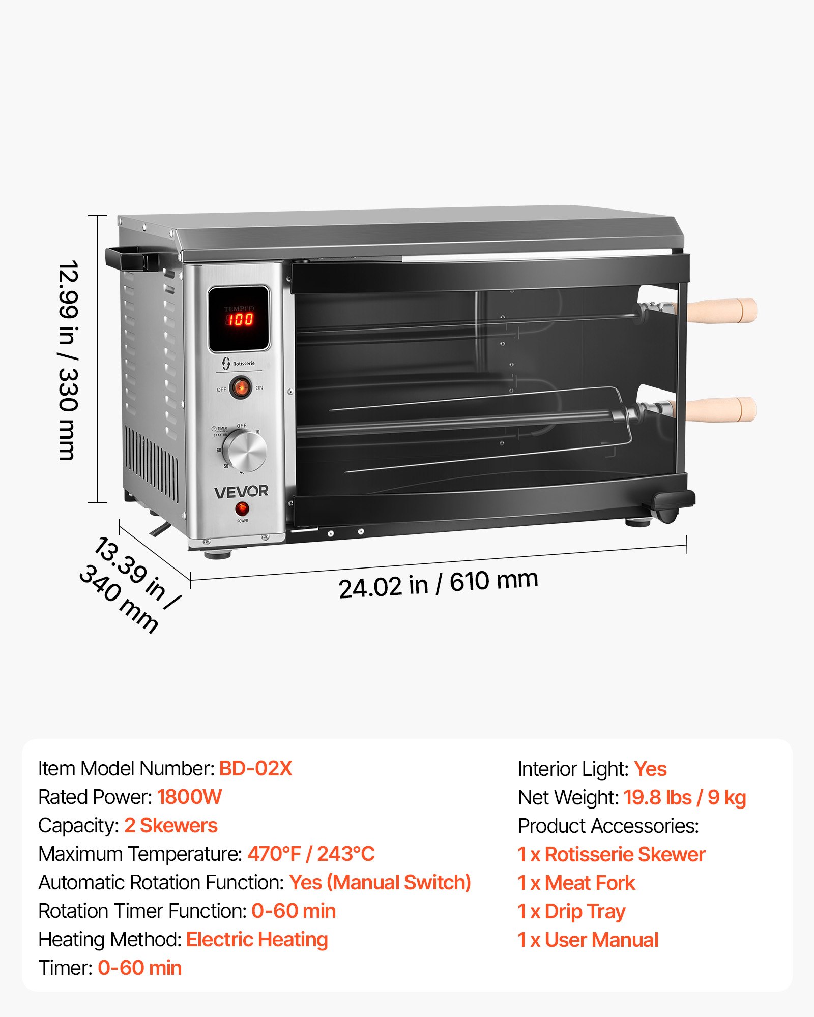 VEVOR Countertop Vertical Oven Brazilian Flame 2 Auto Rotating Skewers, for Steak, Fish, Lamb Leg, 1800W Rotisserie Shawarma Machine, Electric Meat Kebab Grill, with Curved Glass Door, Drip Tray