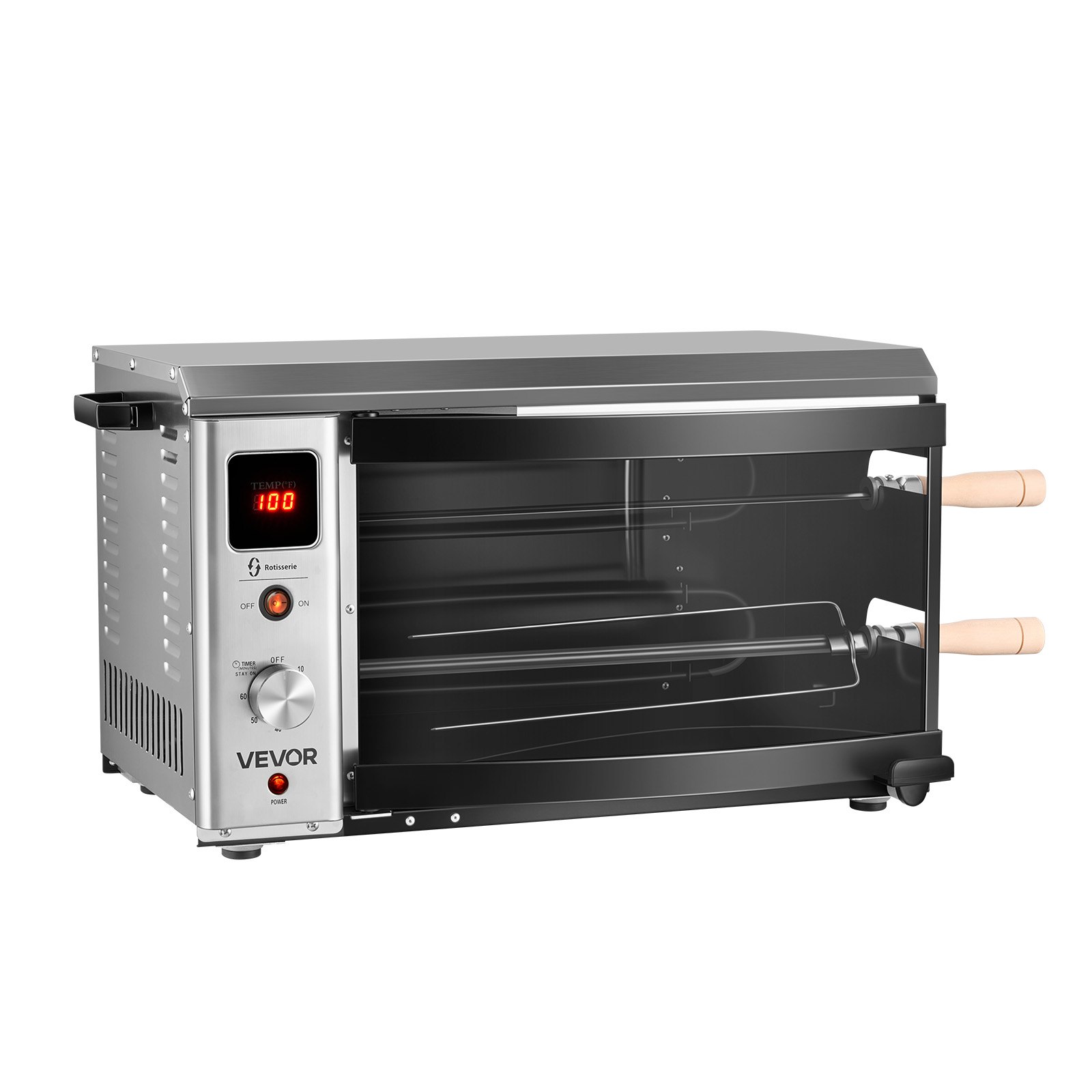 VEVOR Countertop Vertical Oven Brazilian Flame 2 Auto Rotating Skewers, for Steak, Fish, Lamb Leg, 1800W Rotisserie Shawarma Machine, Electric Meat Kebab Grill, with Curved Glass Door, Drip Tray