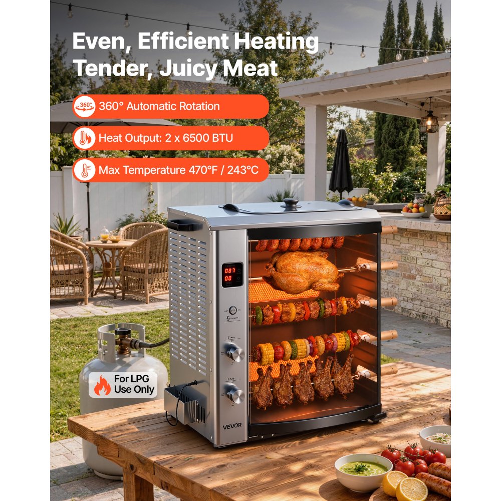 VEVOR Countertop Vertical Oven Brazilian Flame 5 Auto Rotating Skewers, for Steak, Fish, Lamb Leg, Outdoor Gas Heating Rotisserie Shawarma Machine, Meat Kebab Grill, with Curved Glass Door