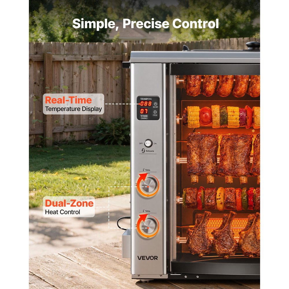VEVOR Countertop Vertical Oven Brazilian Flame 5 Auto Rotating Skewers, for Steak, Fish, Lamb Leg, Outdoor Gas Heating Rotisserie Shawarma Machine, Meat Kebab Grill, with Curved Glass Door