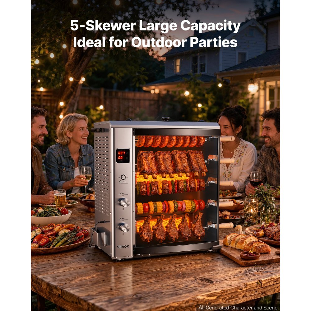 VEVOR Countertop Vertical Oven Brazilian Flame 5 Auto Rotating Skewers, for Steak, Fish, Lamb Leg, Outdoor Gas Heating Rotisserie Shawarma Machine, Meat Kebab Grill, with Curved Glass Door
