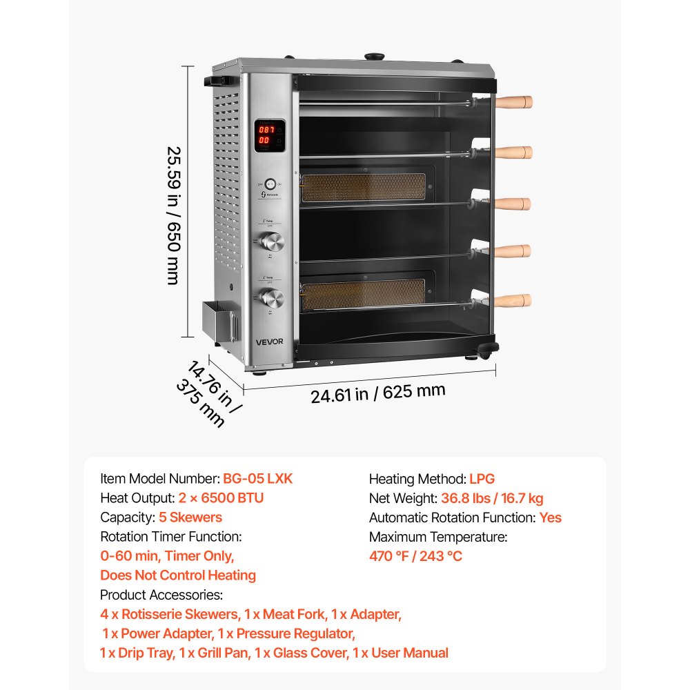 VEVOR Countertop Vertical Oven Brazilian Flame 5 Auto Rotating Skewers, for Steak, Fish, Lamb Leg, Outdoor Gas Heating Rotisserie Shawarma Machine, Meat Kebab Grill, with Curved Glass Door
