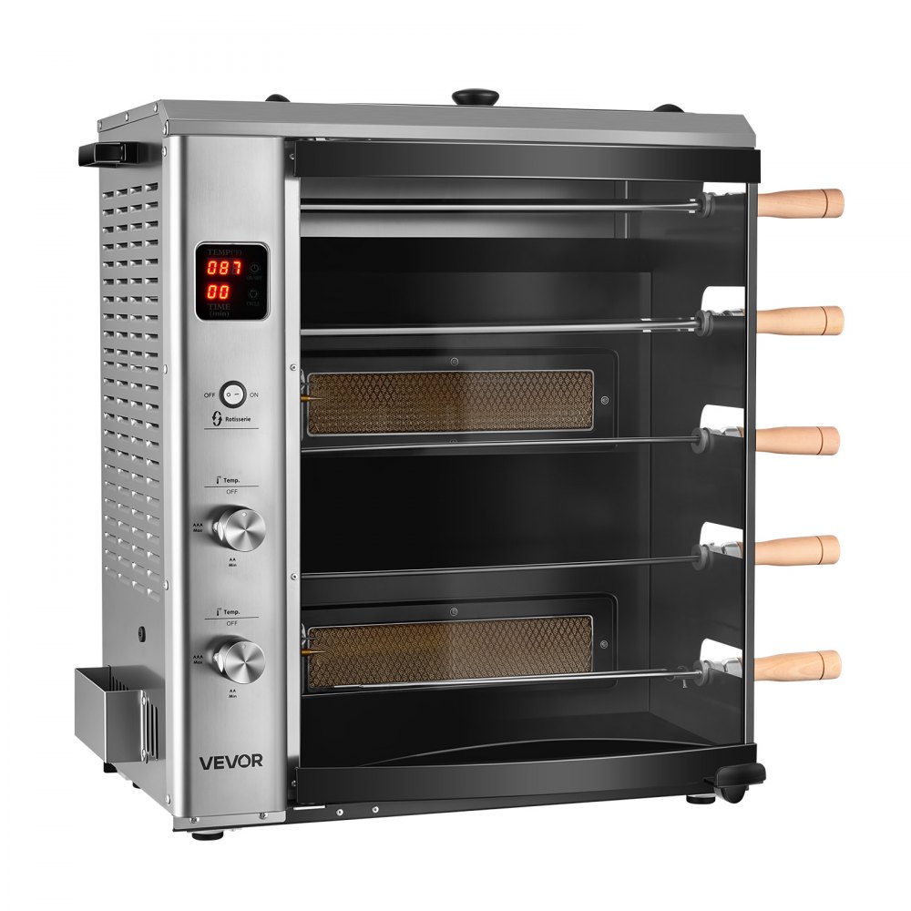 VEVOR Countertop Vertical Oven Brazilian Flame 5 Auto Rotating Skewers, for Steak, Fish, Lamb Leg, Outdoor Gas Heating Rotisserie Shawarma Machine, Meat Kebab Grill, with Curved Glass Door