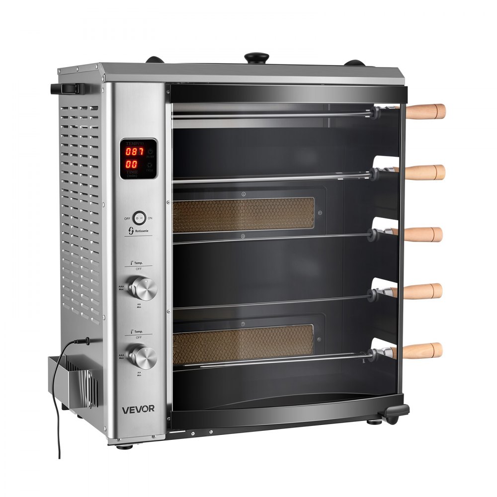 VEVOR Countertop Vertical Oven Brazilian Flame 5 Auto Rotating Skewers, for Steak, Fish, Lamb Leg, Outdoor Gas Heating Rotisserie Shawarma Machine, Meat Kebab Grill, with Curved Glass Door