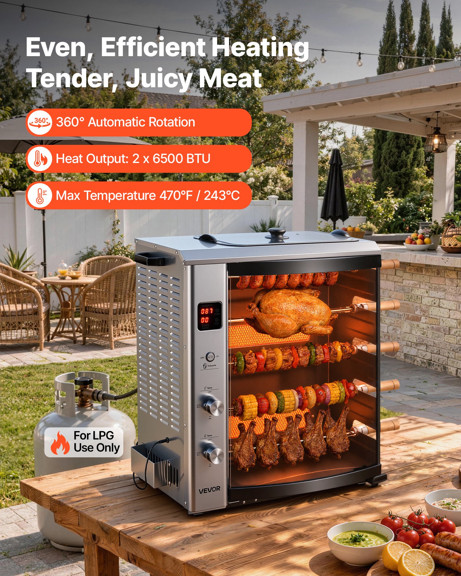 VEVOR Countertop Vertical Oven Brazilian Flame 5 Auto Rotating Skewers, for Steak, Fish, Lamb Leg, Outdoor Gas Heating Rotisserie Shawarma Machine, Meat Kebab Grill, with Curved Glass Door