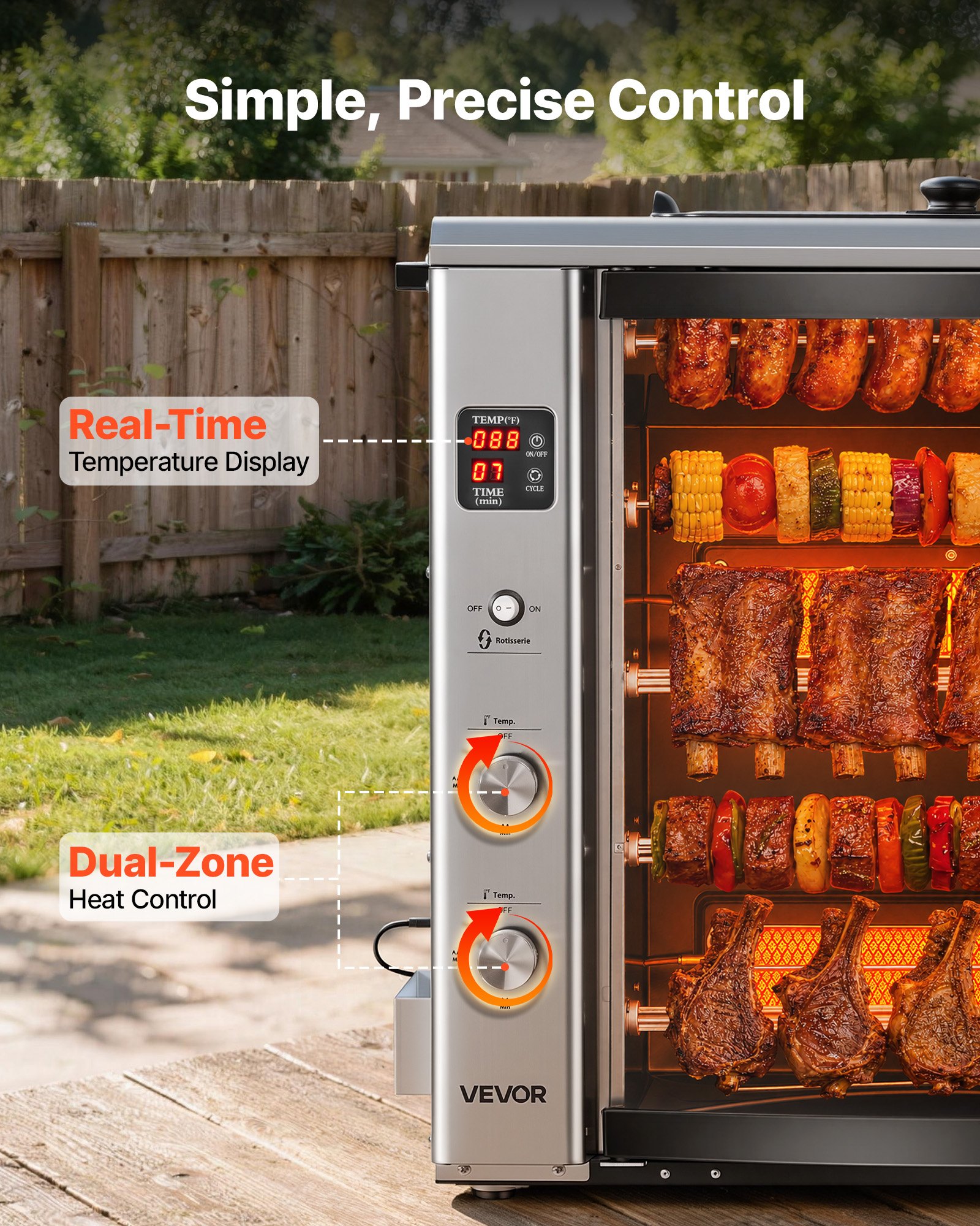 VEVOR Countertop Vertical Oven Brazilian Flame 5 Auto Rotating Skewers, for Steak, Fish, Lamb Leg, Outdoor Gas Heating Rotisserie Shawarma Machine, Meat Kebab Grill, with Curved Glass Door