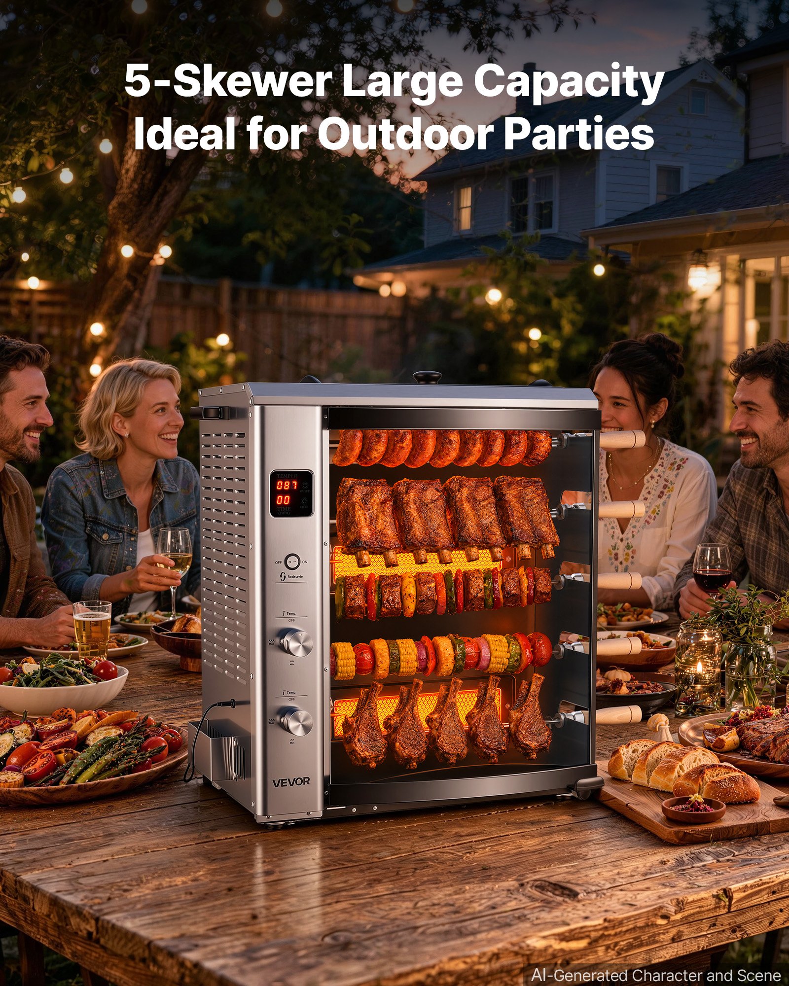 VEVOR Countertop Vertical Oven Brazilian Flame 5 Auto Rotating Skewers, for Steak, Fish, Lamb Leg, Outdoor Gas Heating Rotisserie Shawarma Machine, Meat Kebab Grill, with Curved Glass Door