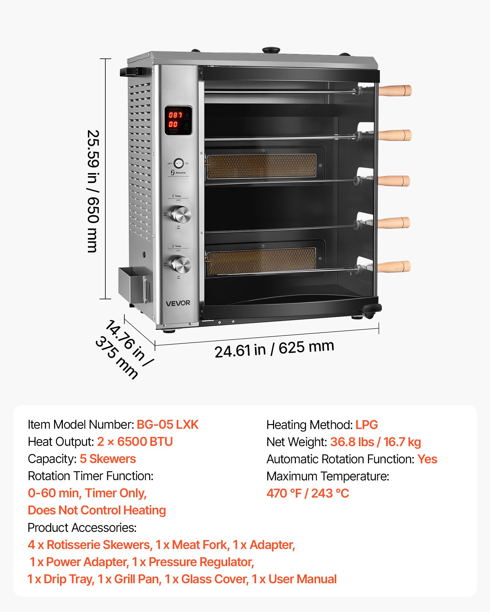 VEVOR Countertop Vertical Oven Brazilian Flame 5 Auto Rotating Skewers, for Steak, Fish, Lamb Leg, Outdoor Gas Heating Rotisserie Shawarma Machine, Meat Kebab Grill, with Curved Glass Door