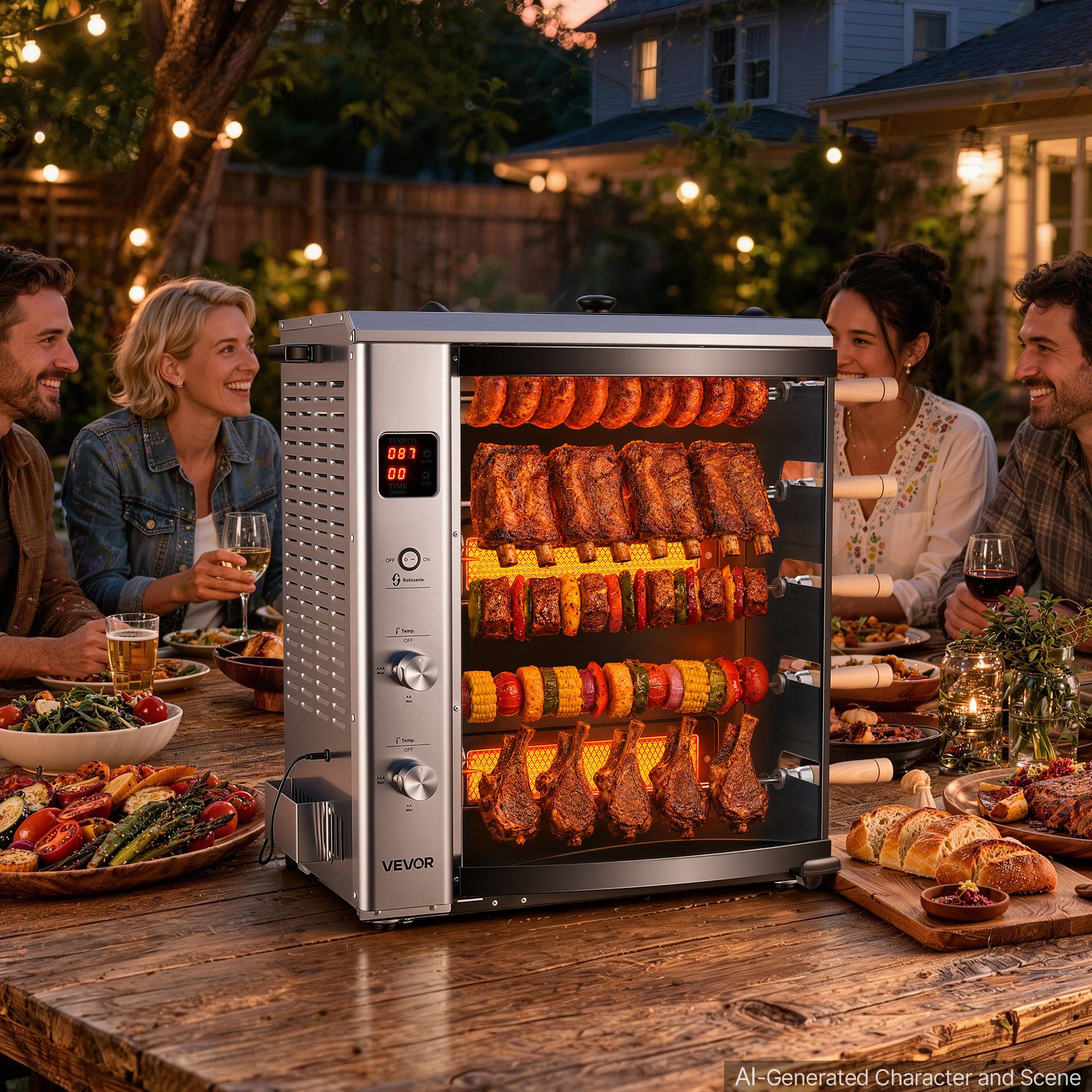 VEVOR Countertop Vertical Oven Brazilian Flame 5 Auto Rotating Skewers, for Steak, Fish, Lamb Leg, Outdoor Gas Heating Rotisserie Shawarma Machine, Meat Kebab Grill, with Curved Glass Door