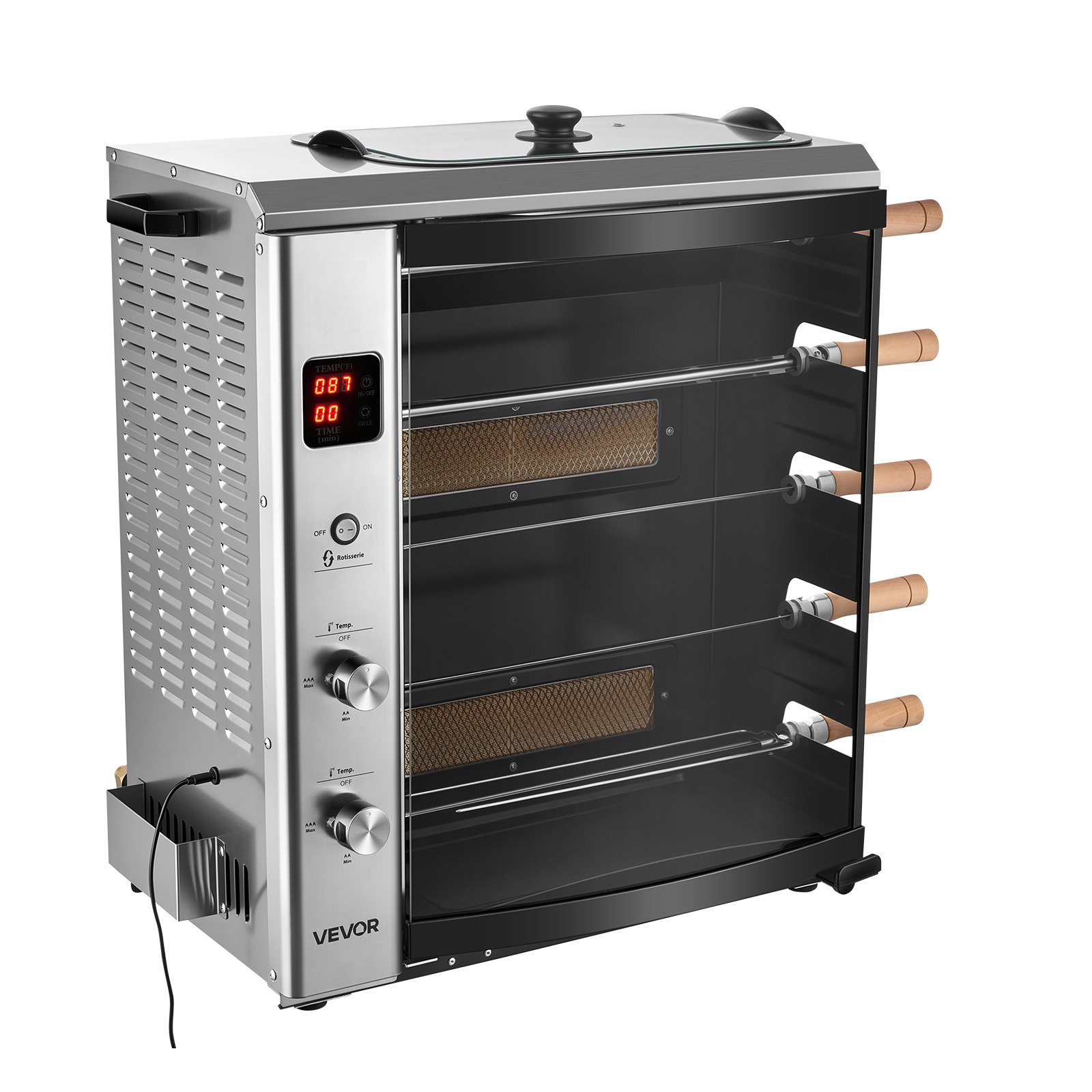 VEVOR Countertop Vertical Oven Brazilian Flame 5 Auto Rotating Skewers, for Steak, Fish, Lamb Leg, Outdoor Gas Heating Rotisserie Shawarma Machine, Meat Kebab Grill, with Curved Glass Door