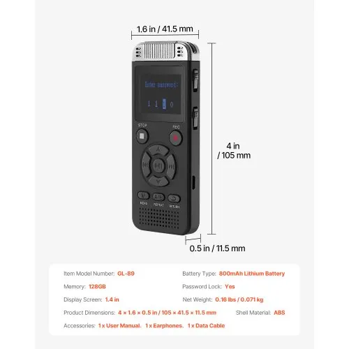 Enregistreur Vocal 64 Go 1536 Kbps – One Touch, Réduction Bruit DSP, Activation Vocale, Batterie 40h, Écran TFT 1.44"