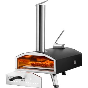 VEVOR Portable Outdoor Oven, 12-inch Pizza Oven, Pellet Chips Charcoal Tri-Fuel, Iron Spray Pizza Grill, Includes Pizza Stone, Waterproof Cover, Shovel, Ideal for Camping Backyard, Black