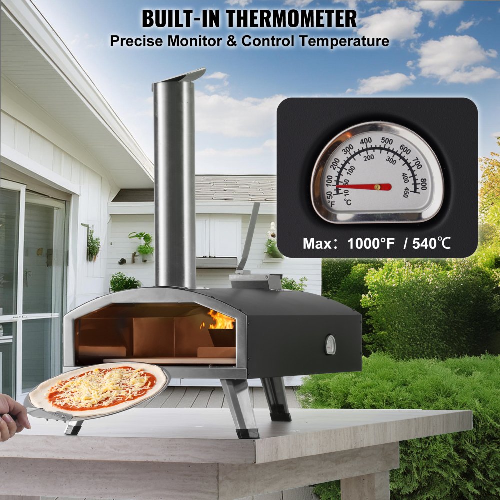 VEVOR Portable Outdoor Oven, 12-inch Pizza Oven, Pellet & Chips & Charcoal Tri-Fuel, Iron Spray Pizza Grill, Includes Pizza Stone, Waterproof Cover, Shovel, Ideal for Camping & Backyard, Black