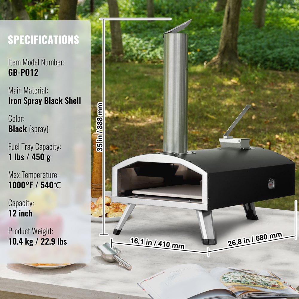 VEVOR Portable Outdoor Oven, 12-inch Pizza Oven, Pellet & Chips & Charcoal Tri-Fuel, Iron Spray Pizza Grill, Includes Pizza Stone, Waterproof Cover, Shovel, Ideal for Camping & Backyard, Black