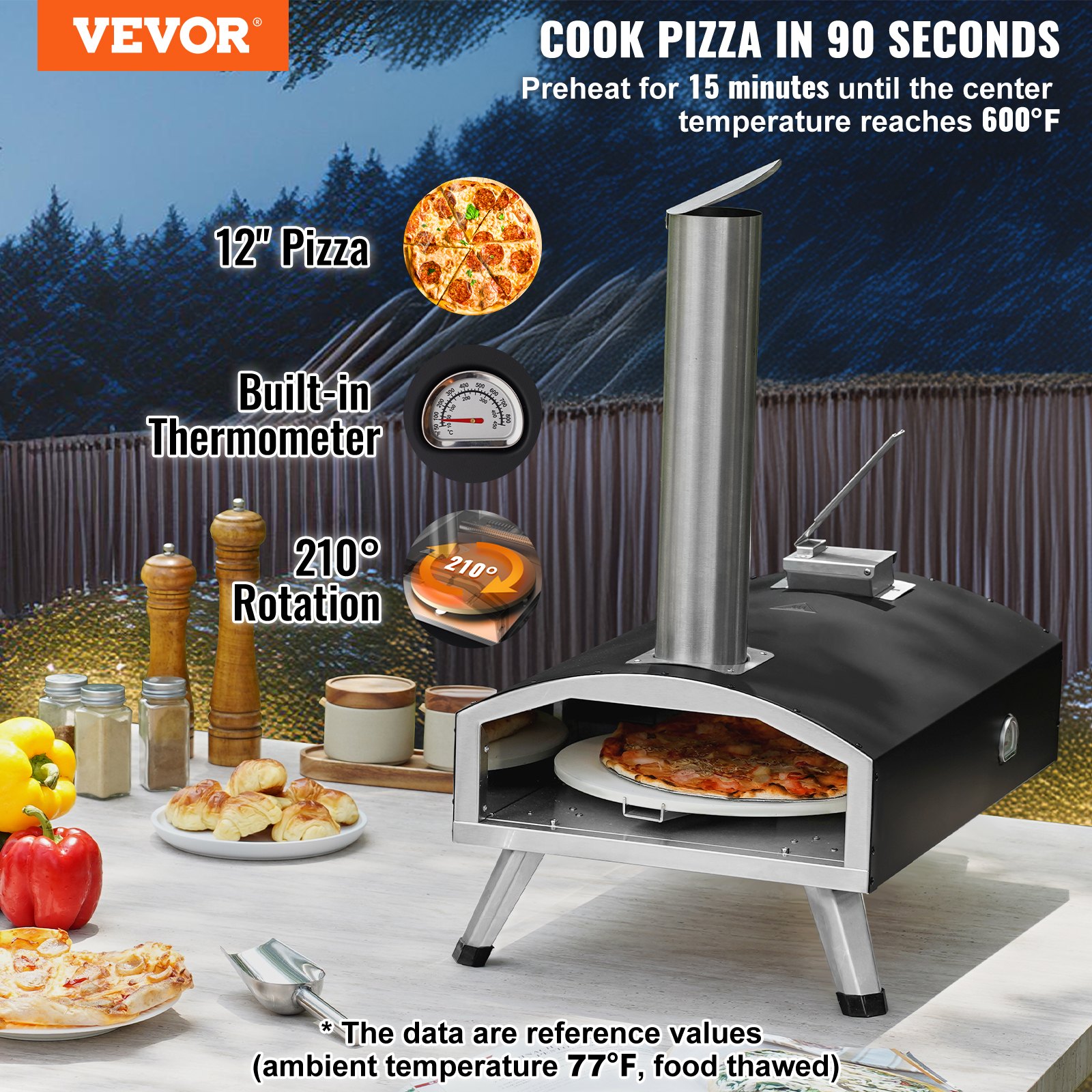 VEVOR Portable Outdoor Oven, 12-inch Pizza Oven, Pellet & Chips & Charcoal Tri-Fuel, Iron Spray Pizza Grill, Includes 210° Rotatable Pizza Stone, Scoop, Ideal for Camping & Backyard, Black