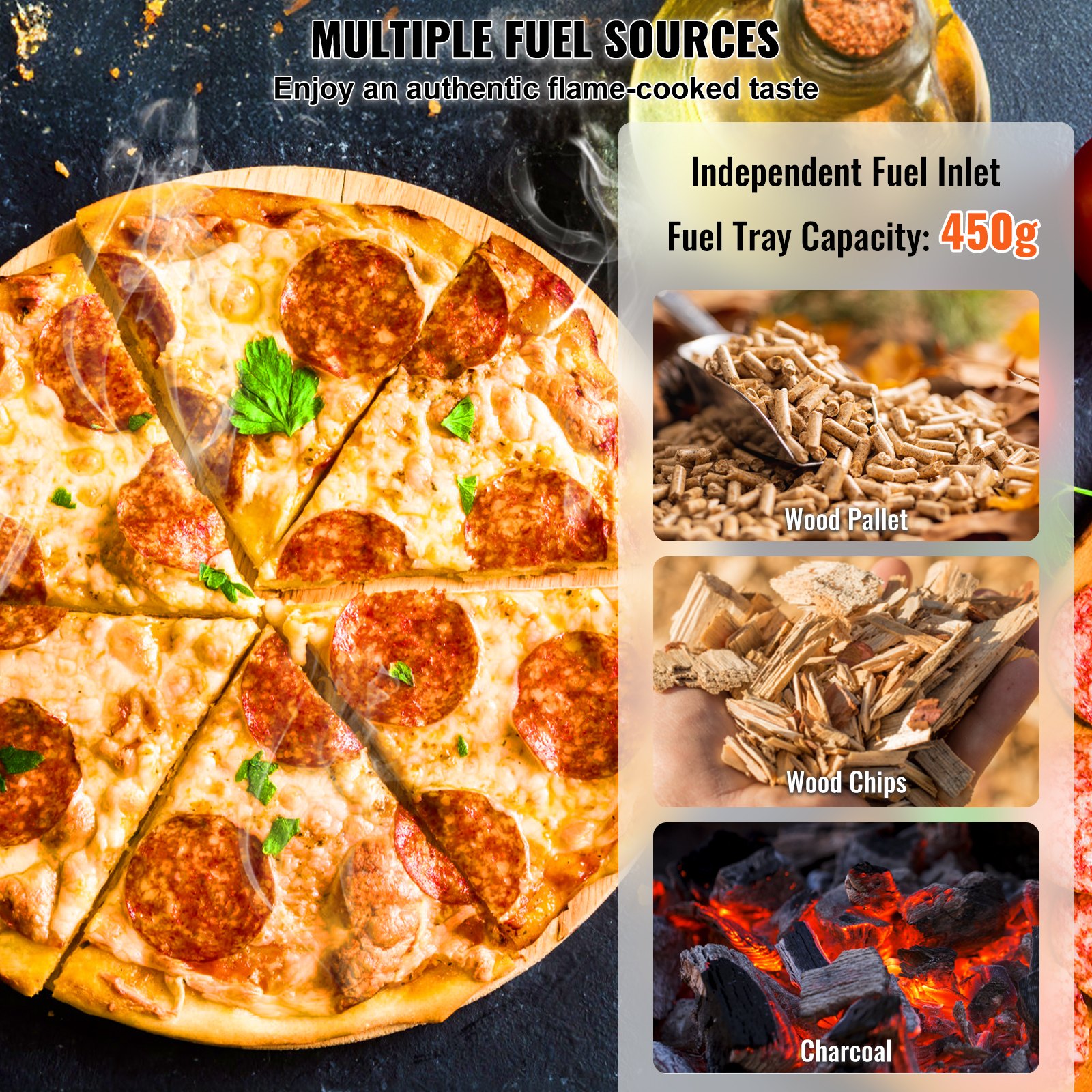 VEVOR Portable Outdoor Oven, 12-inch Pizza Oven, Pellet & Chips & Charcoal Tri-Fuel, Iron Spray Pizza Grill, Includes 210° Rotatable Pizza Stone, Scoop, Ideal for Camping & Backyard, Black