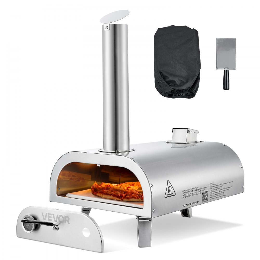 VEVOR Pizza Oven Outdoor, 12" Pellet Pizza Oven, Portable Pizza-Stove with Built-in Thermometer, Wood Fired Stainless Steel Pizza-Maker, for Backyard, Camping, Pizza-Stone, Shovel, Carry Bag, Silver