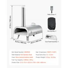 VEVOR Pizza Oven Outdoor, 12" Pellet Pizza Oven, Portable Pizza-Stove with Built-in Thermometer, Wood Fired Stainless Steel Pizza-Maker, for Backyard, Camping, Pizza-Stone, Shovel, Carry Bag, Silver