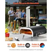 VEVOR Dual Fuel Pizza Oven Outdoor, 12 in Wood Fire & Propane Gas Pizza Oven, Portable Pellet & Propane Pizza-Maker with Thermometer, Iron Spray Black Shell Pizza-Cook for Outside Camping & Backyard