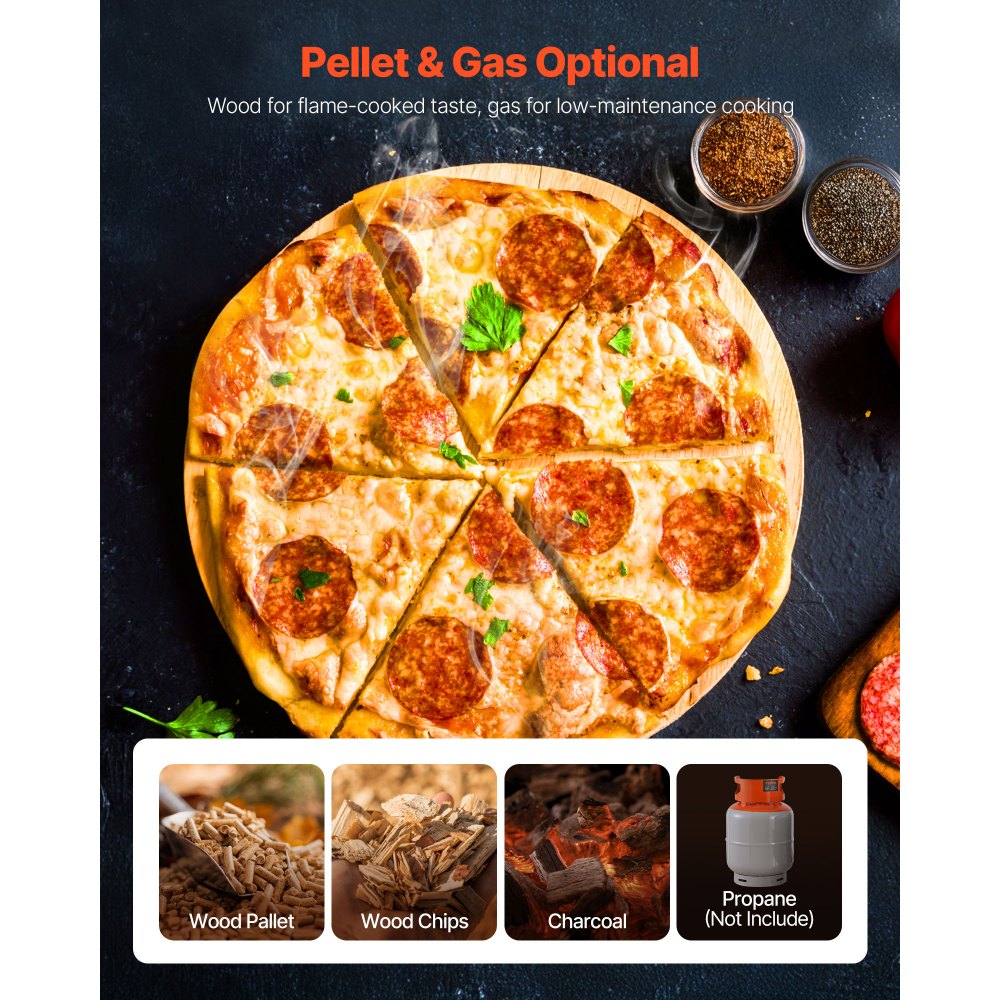 VEVOR Dual Fuel Pizza Oven Outdoor, 16 in Wood Fire & Propane Gas Pizza Oven, Portable Pellet & Propane Pizza-Maker with Thermometer, Iron Spray Black Shell Pizza-Cook for Outside Camping & Backyard