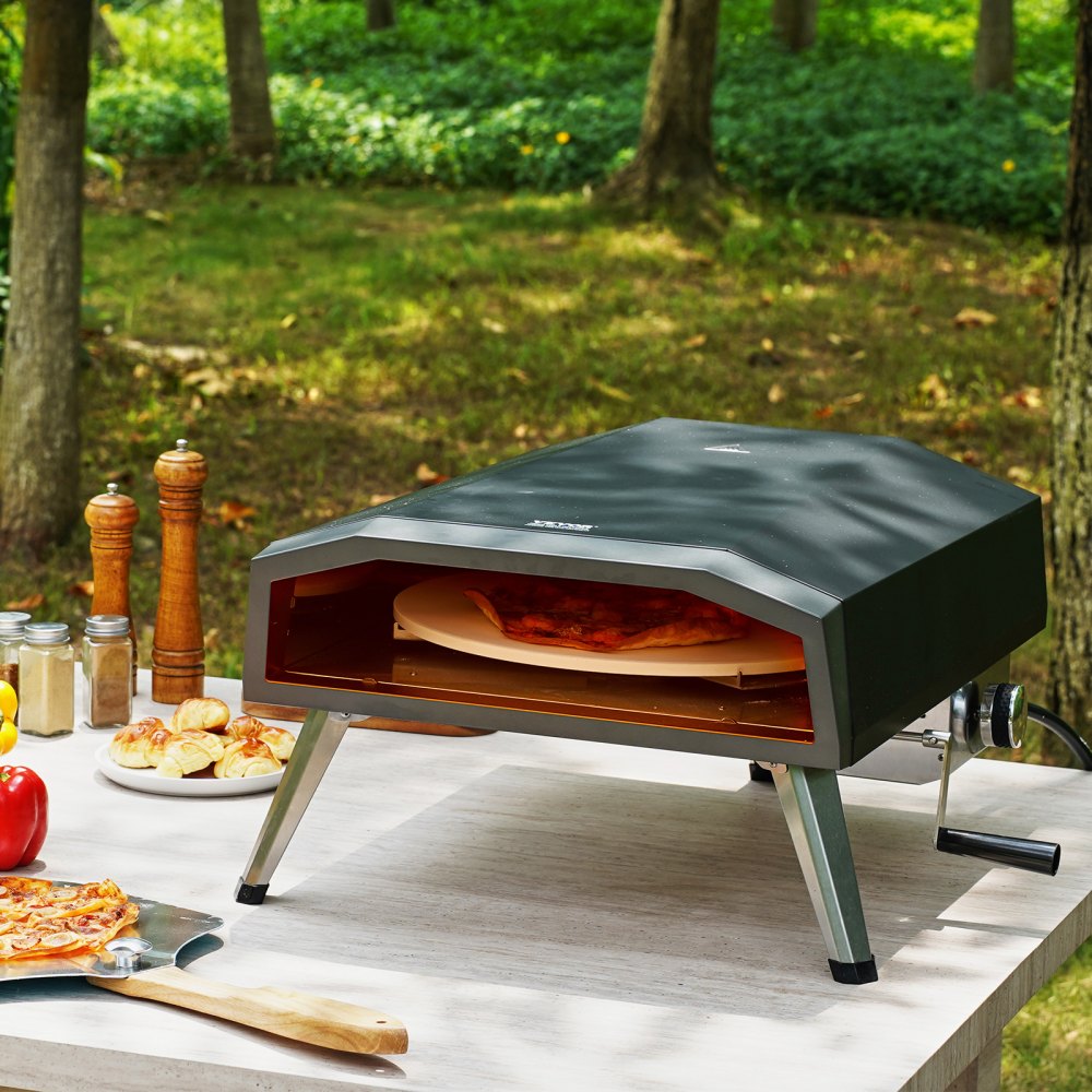 VEVOR Outdoor Pizza Oven, 16" Gas Fired Pizza Maker, Portable Outside Pizza Grill with Thickened Cordierite Pizza Stone, Waterproof Cover, Iron Spray Gas Oven with Foldable Leg for Camping & Backyard