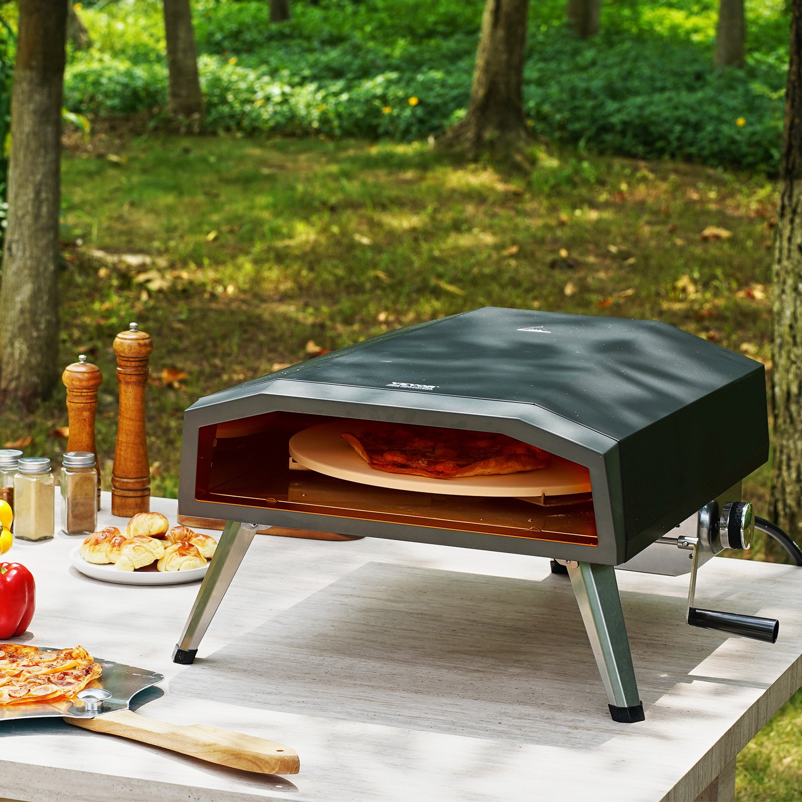 VEVOR Outdoor Pizza Oven, 16" Gas Fired Pizza Maker, Portable Outside Pizza Grill with Thickened Cordierite Pizza Stone, Waterproof Cover, Iron Spray Gas Oven with Foldable Leg for Camping & Backyard