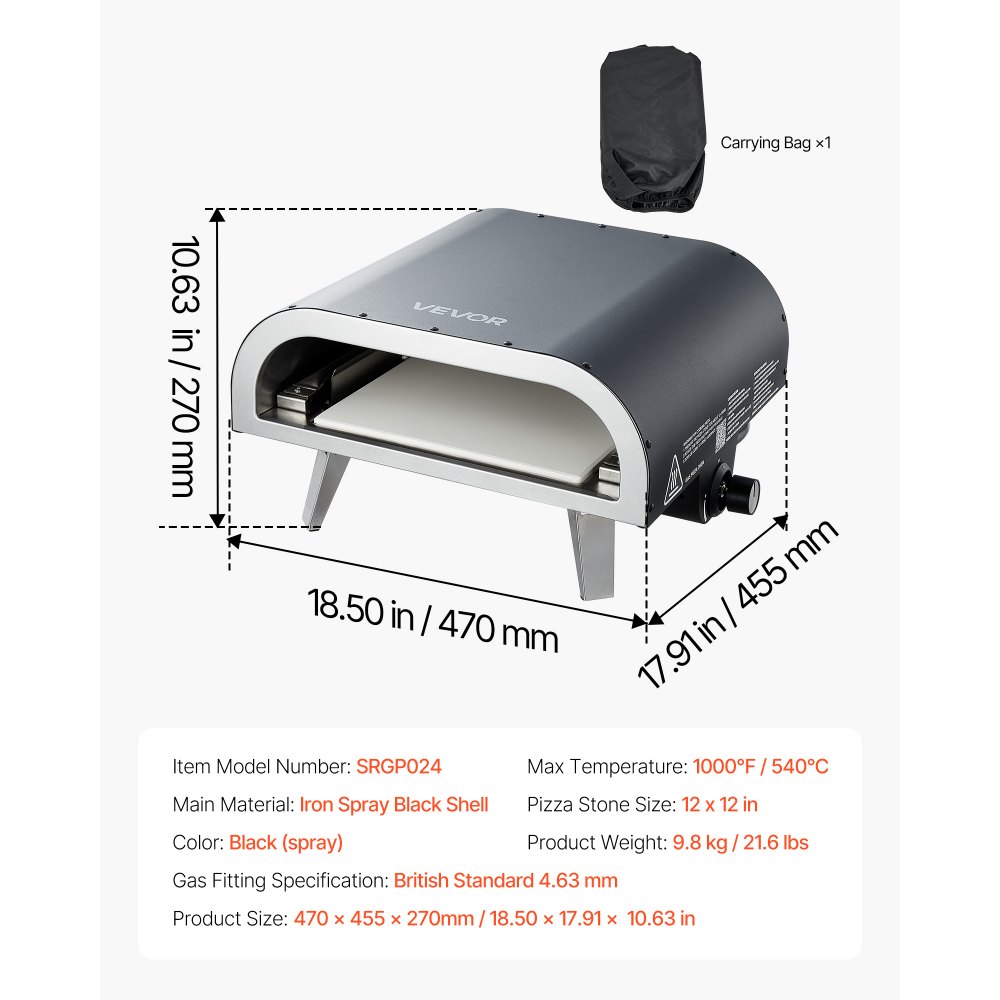 VEVOR Propane Outdoor Pizza Oven, 12 Inch Gas Pizza Maker, Portable Pizza-Cooker with Thickened Pizza-Stone, Carry Bag, Pizza-Oven for Outside Backyard Patio Camping, Black