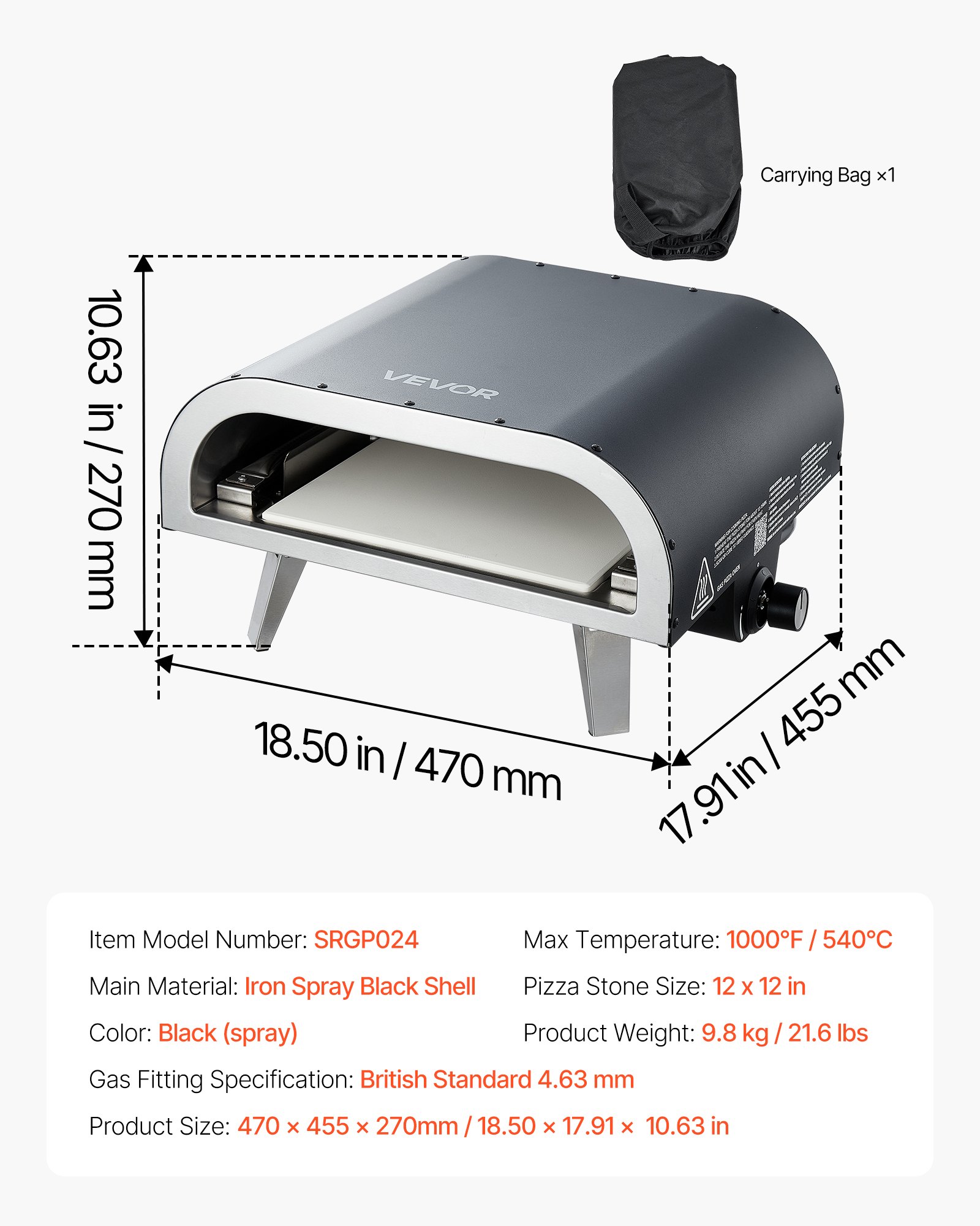 VEVOR Propane Outdoor Pizza Oven, 12 Inch Gas Pizza Maker, Portable Pizza-Cooker with Thickened Pizza-Stone, Carry Bag, Pizza-Oven for Outside Backyard Patio Camping, Black