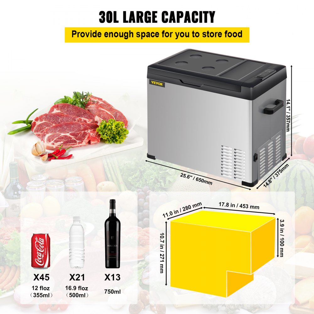 VEVOR Car Refrigerator, 32 Qt, 12v Portable Freezer with Single Zone, 12/24V DC & 110-240V AC Electric Compressor Cooler with -4℉-68℉ Cooling Range, for Car Truck Vehicle RV Boat Outdoor & Home use