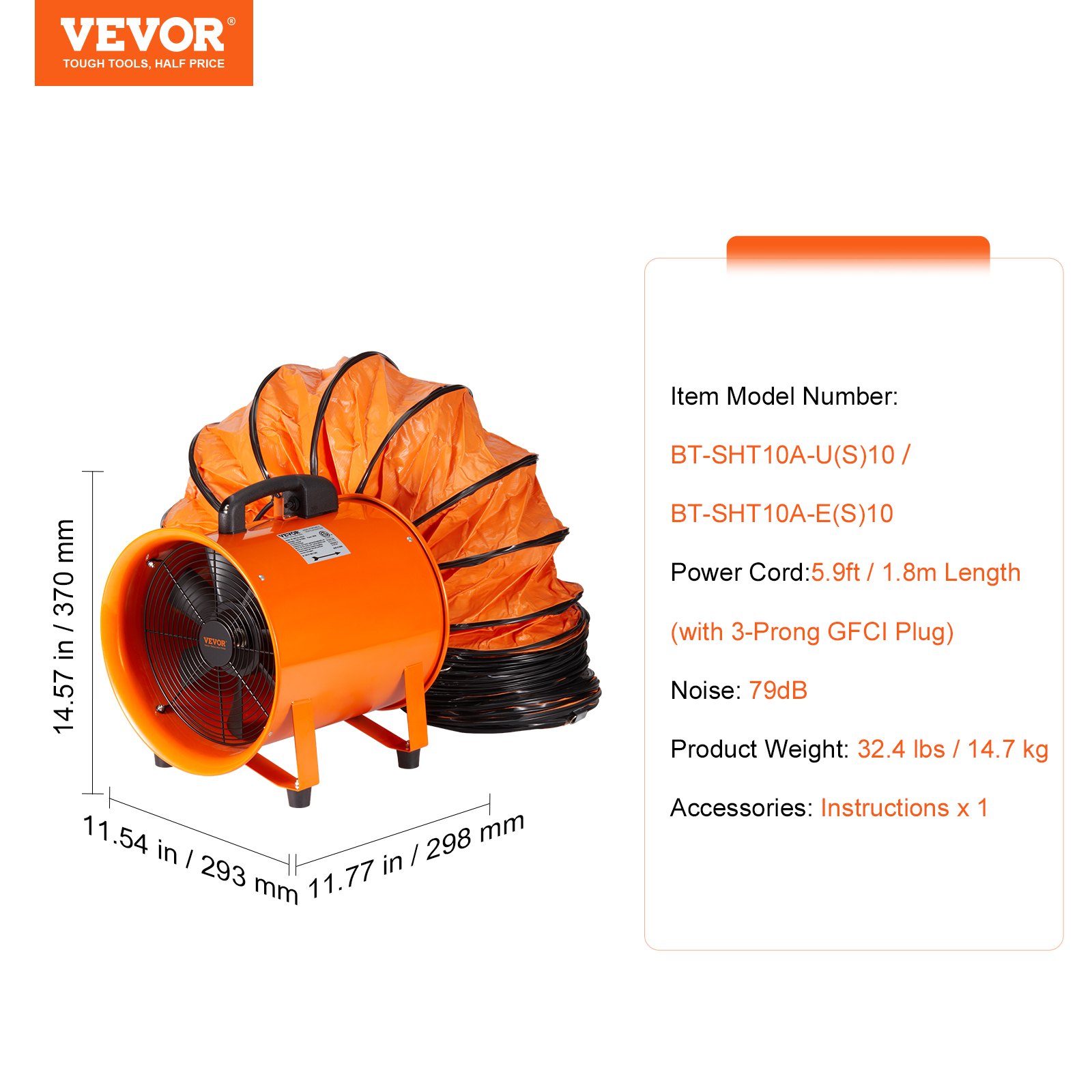 VEVOR Portable Ventilator, 254mm Heavy Duty Cylinder Fan with 10m Duct Hose, 255W Strong Shop Exhaust Blower 1720CFM, Industrial Utility Blower for Sucking Dust, Smoke, Smoke Home/Workplace