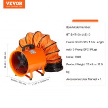 VEVOR Portable Ventilator, 254mm/10inch Heavy Duty Cylinder Fan with 10m Duct Hose, 255W Strong Shop Exhaust Blower 1720CFM, Industrial Utility Blower for Sucking Dust, Smoke, Smoke Home/Workplace