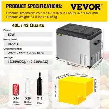 VEVOR 12 Volt Refrigerator, Portable Refrigerator (-4℉~68℉) With APP Control Car Compressor Fridge Cooler 12V/24V DC and 110-220V AC For Camping, Road Trip, Boat, Skincare, Outdoor and Home (42 Quart)