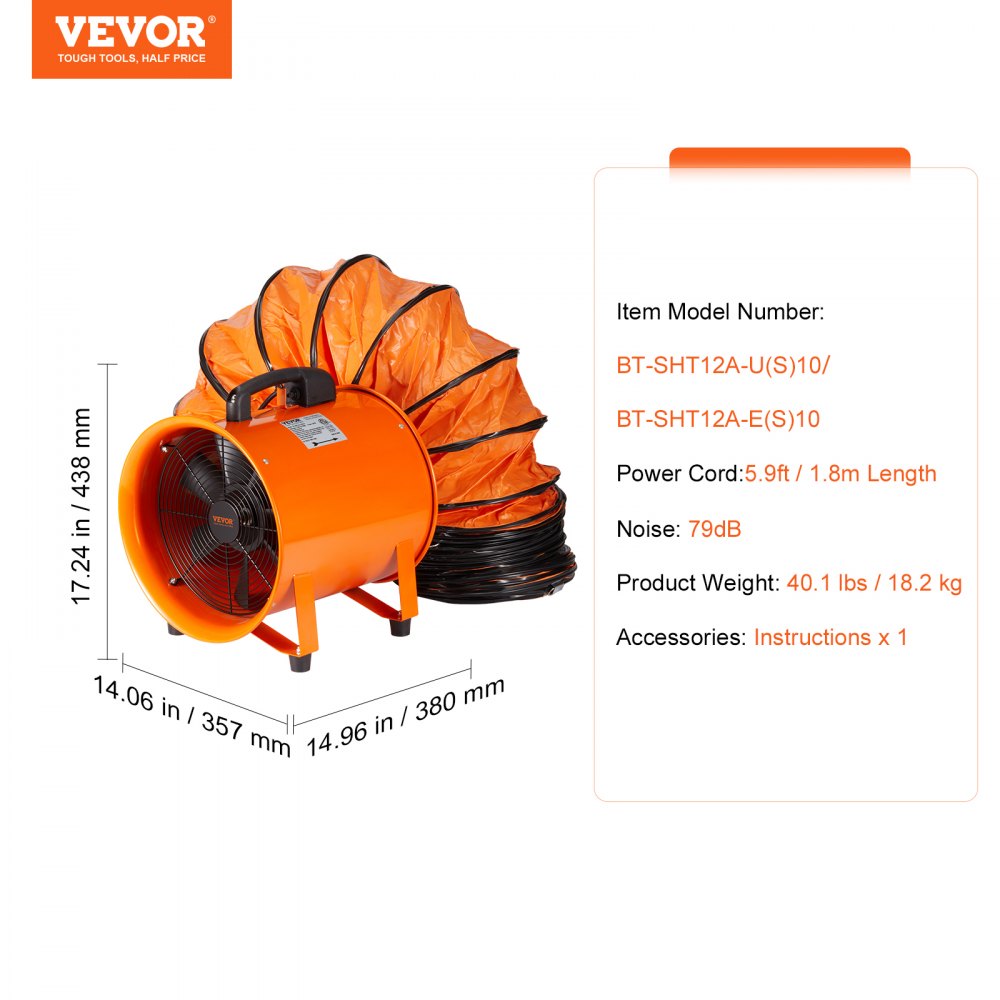 VEVOR Portable Ventilator, 304.8mm Heavy Duty Cylinder Fan with 10m Duct Hose, 367W Strong Shop Exhaust Blower 2574CFM, Industrial Utility Blower for Sucking Dust, Smoke, Smoke Home/Workplace
