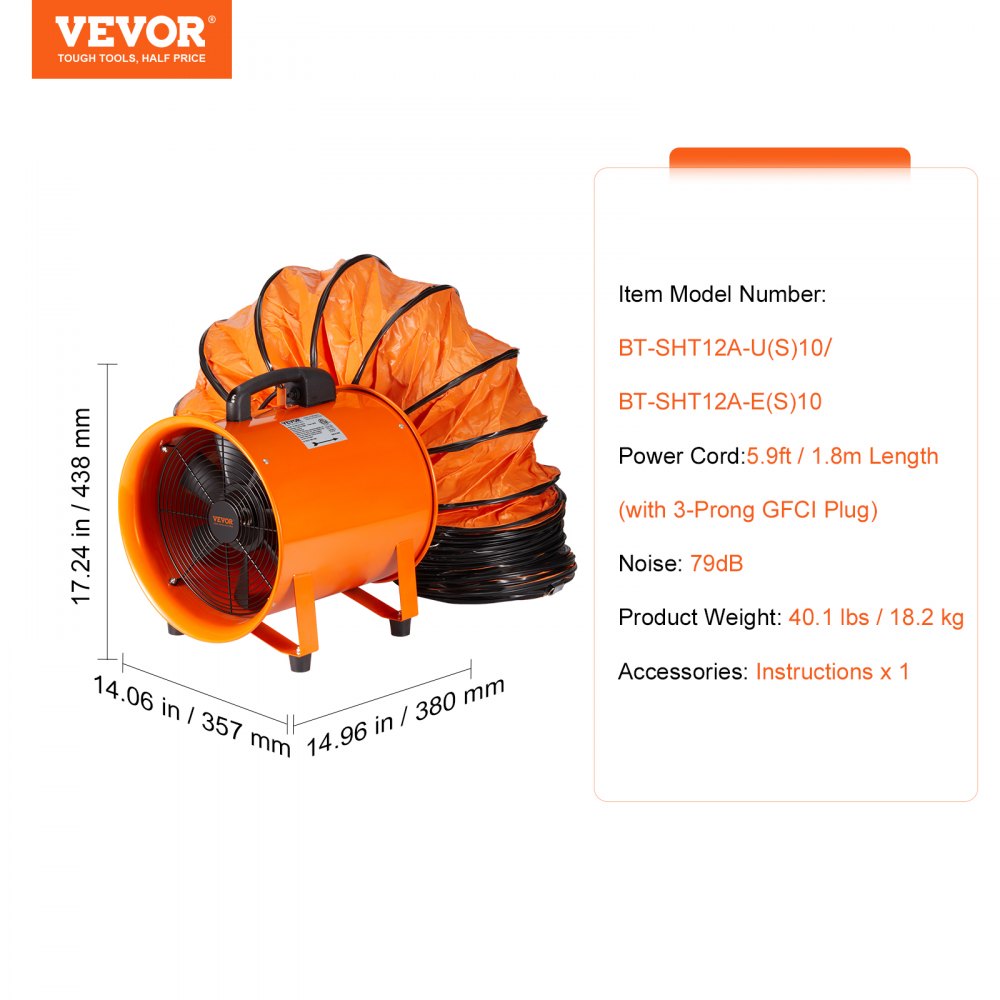 VEVOR Portable Ventilator, 304.8mm Heavy Duty Cylinder Fan with 10m Duct Hose, 367W Strong Shop Exhaust Blower 2574CFM, Industrial Utility Blower for Sucking Dust, Smoke, Smoke Home/Workplace