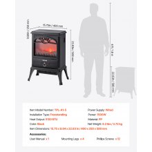 22.8 Inch Freestanding Electric Fireplace Heater 1500W Adjustable Flames Black