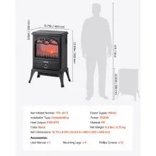 22.8 Inch Freestanding Electric Fireplace Heater 1500W Adjustable Flames Black