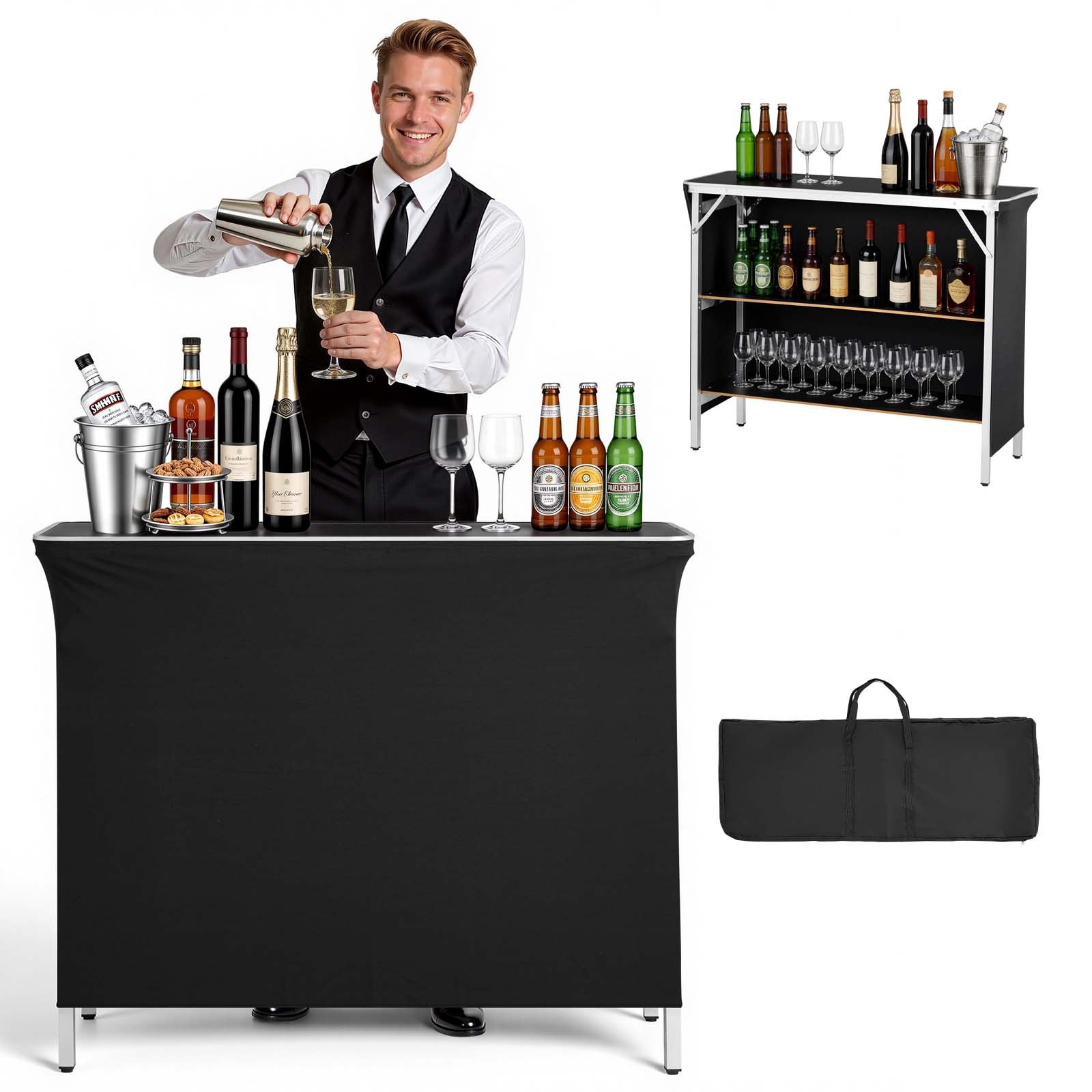 VEVOR Folding Portable Bar Table, 1100 x 385 x 885 mm, with Carry Bag, 2 Storage Shelves, and Detachable Skirt, Quick and Easy Setup, Foldable Mobile Bartending Station for Events, Party, Tradeshow